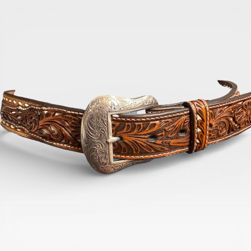Vtg 90s Nocona Leather Belt Brown Men's sz 36 Tooled Leather Silver Filligree
